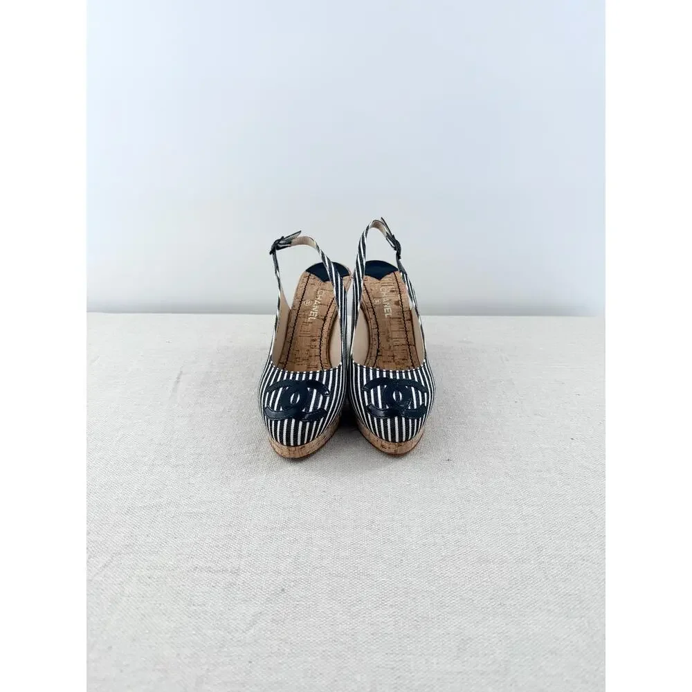 Chanel Stripe Canvas CC Logo Cork Sling Back Sandals Black White Women's EU 36 - Picture 2 of 6